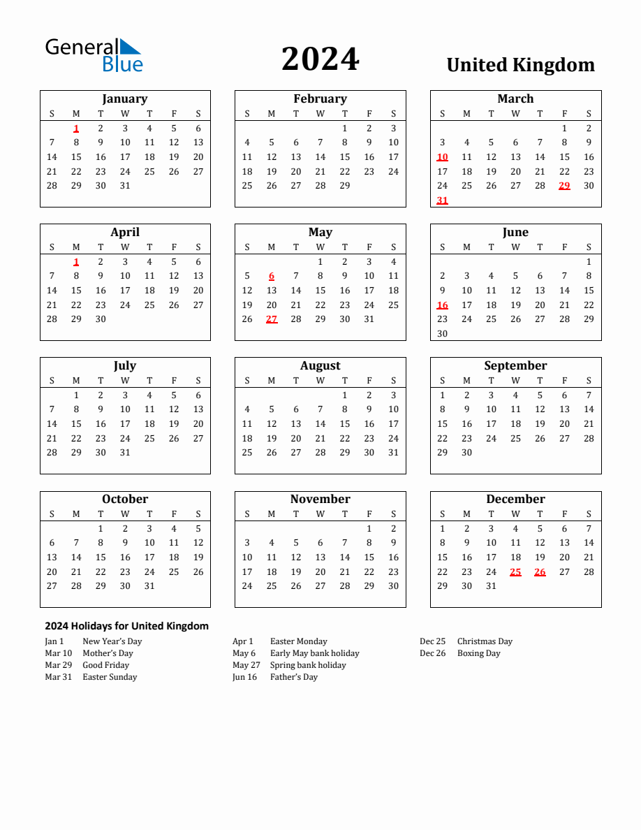 Free Printable 2024 United Kingdom Holiday Calendar