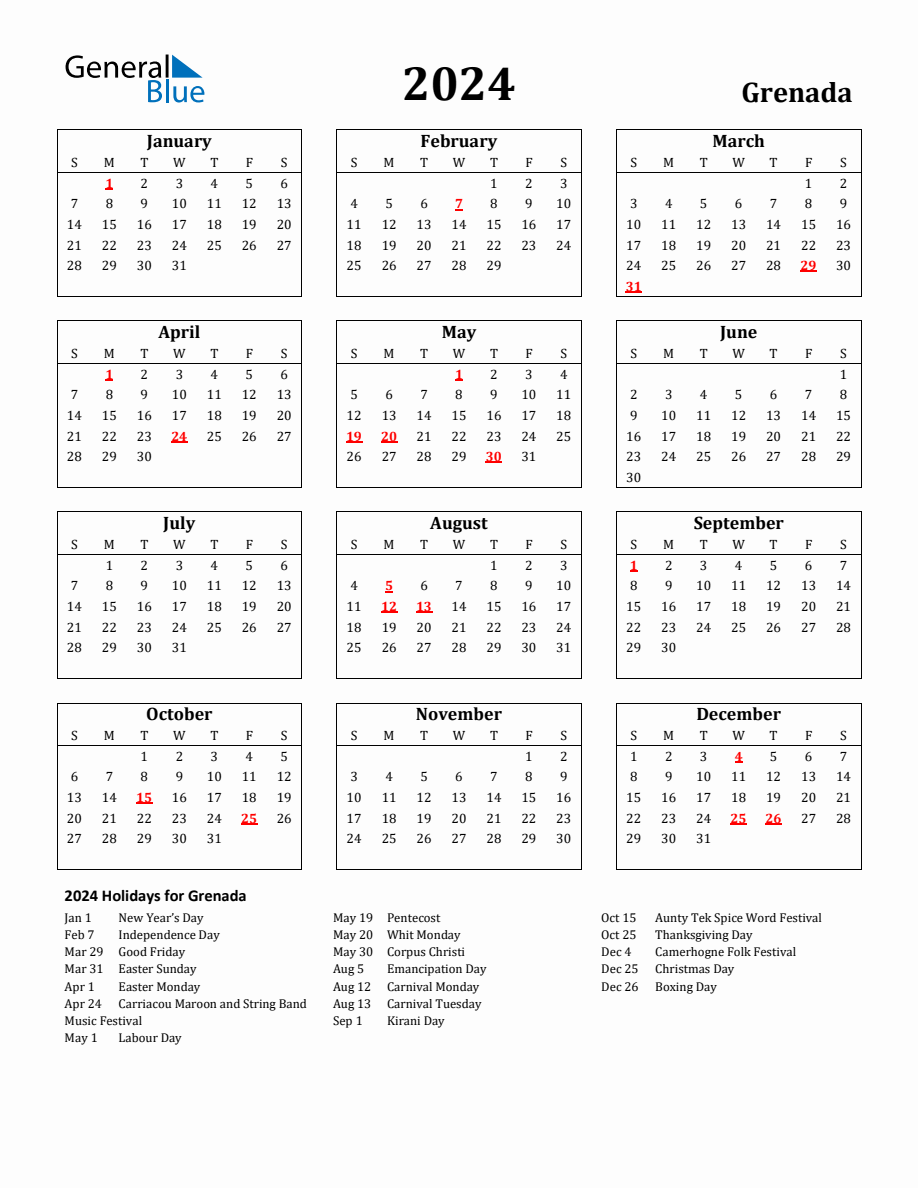 Free Printable 2024 Grenada Holiday Calendar