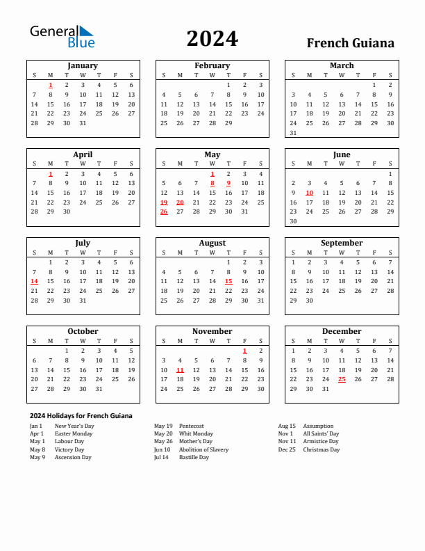 2024 French Guiana Holiday Calendar - Sunday Start