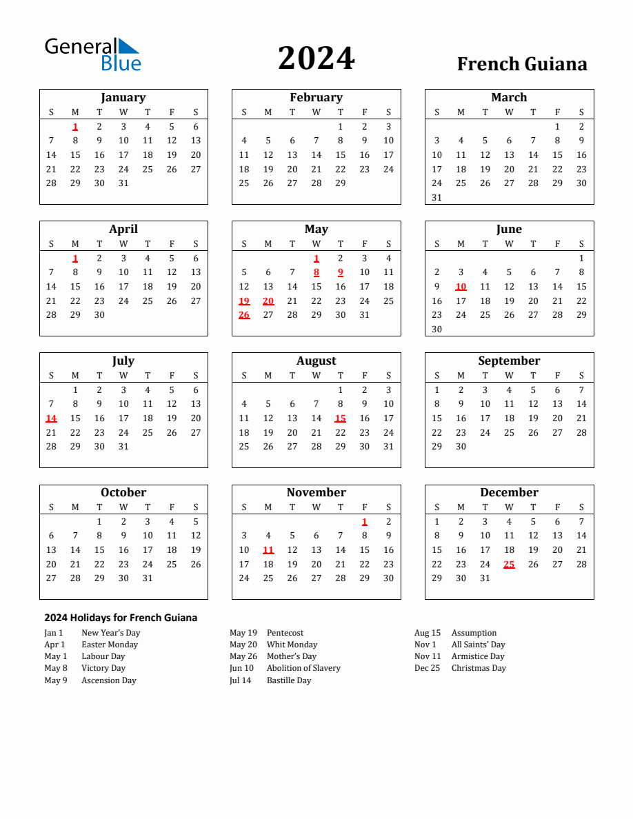 Free Printable 2024 French Guiana Holiday Calendar