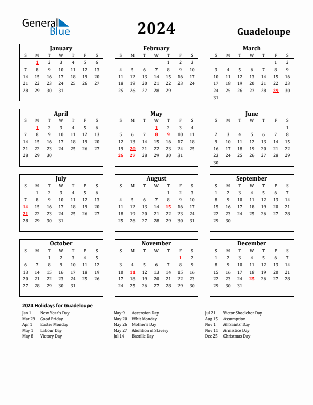 2024 Guadeloupe Holiday Calendar - Sunday Start