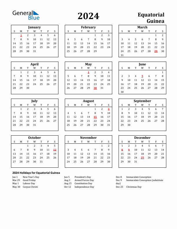 2024 Equatorial Guinea Holiday Calendar - Sunday Start