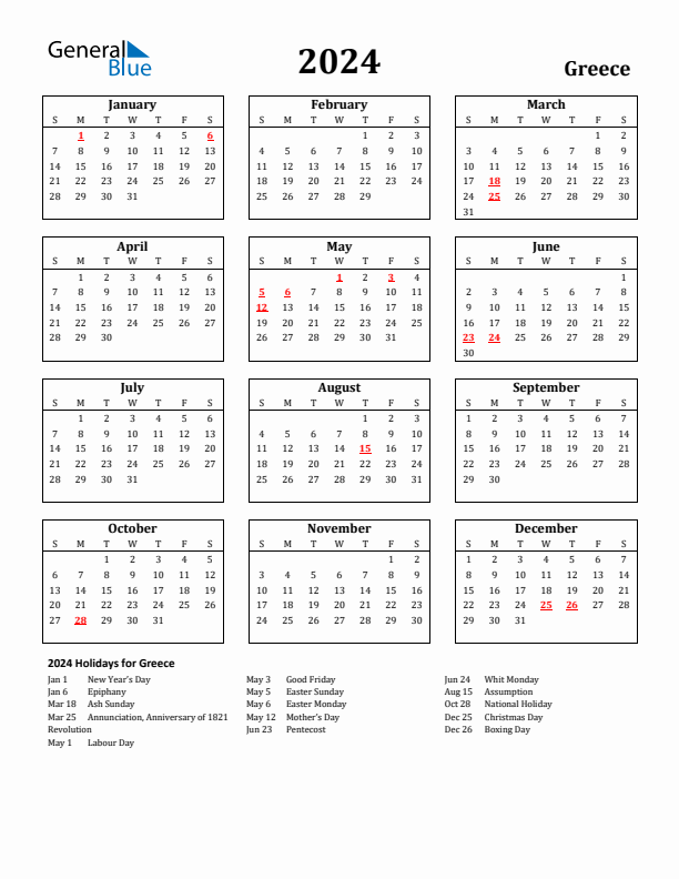 2024 Greece Holiday Calendar - Sunday Start