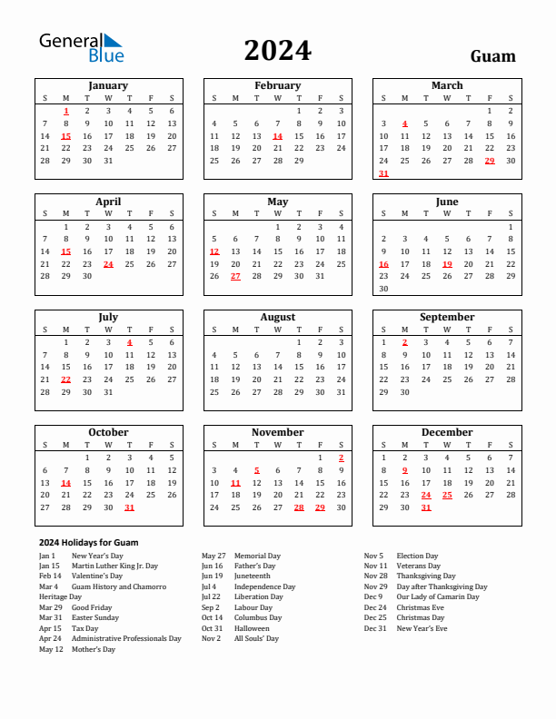 2024 Guam Holiday Calendar - Sunday Start