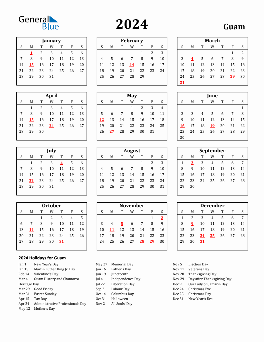 Free Printable 2024 Guam Holiday Calendar