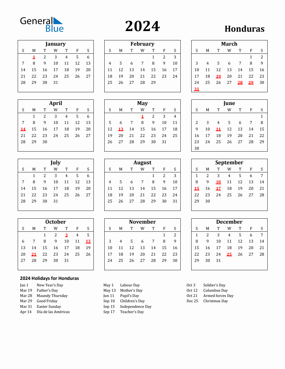 Free Printable 2024 Honduras Holiday Calendar
