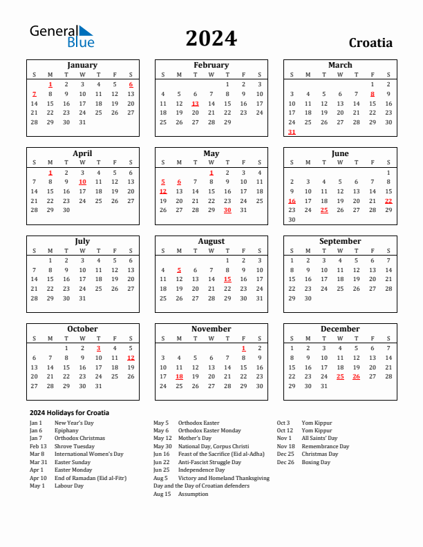 2024 Croatia Holiday Calendar - Sunday Start