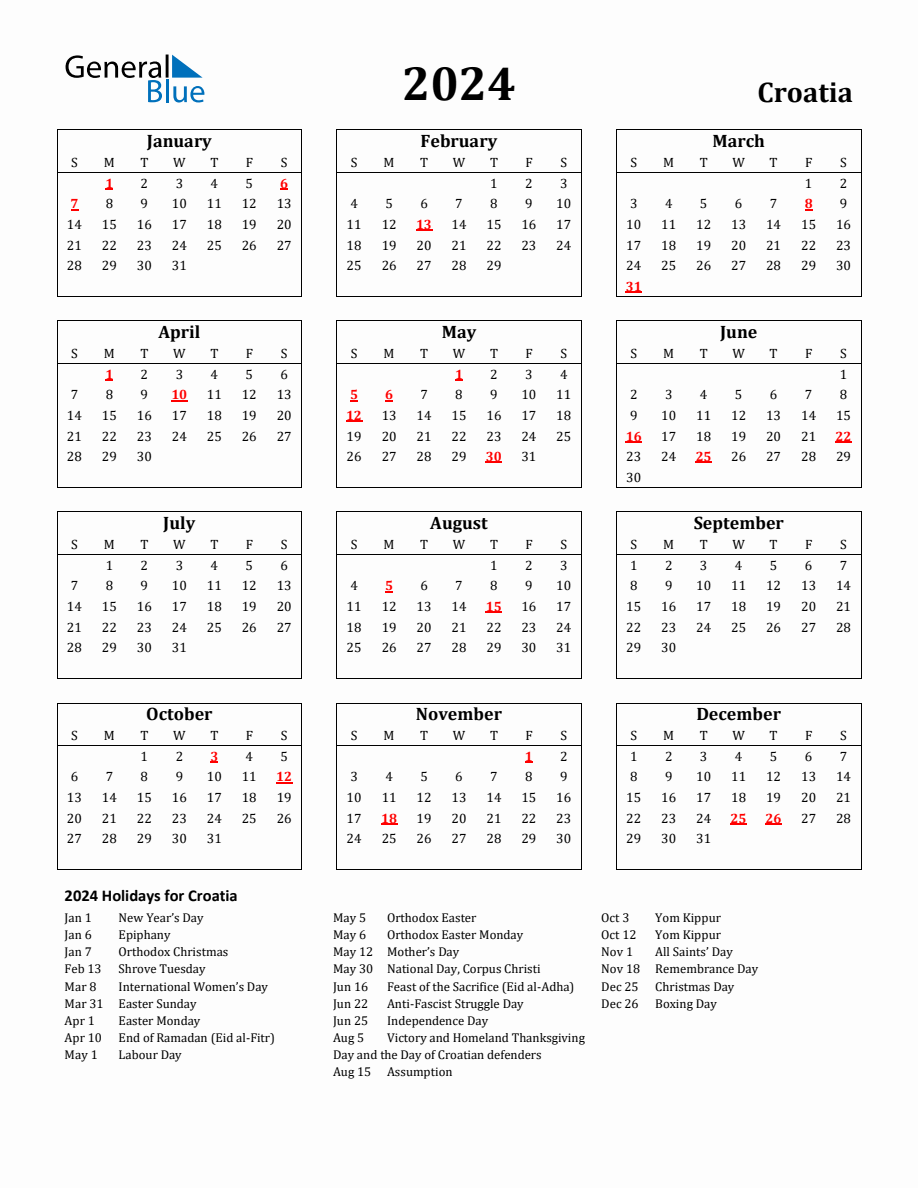 Free Printable 2024 Croatia Holiday Calendar