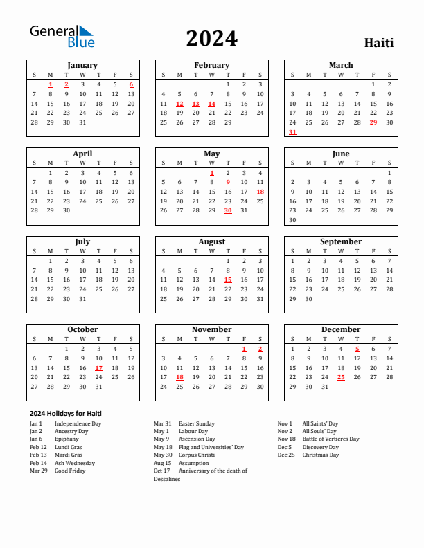 2024 Haiti Holiday Calendar - Sunday Start