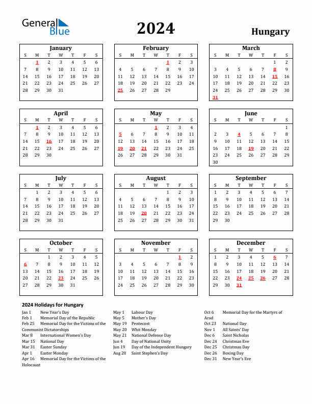 2024 Hungary Holiday Calendar - Sunday Start