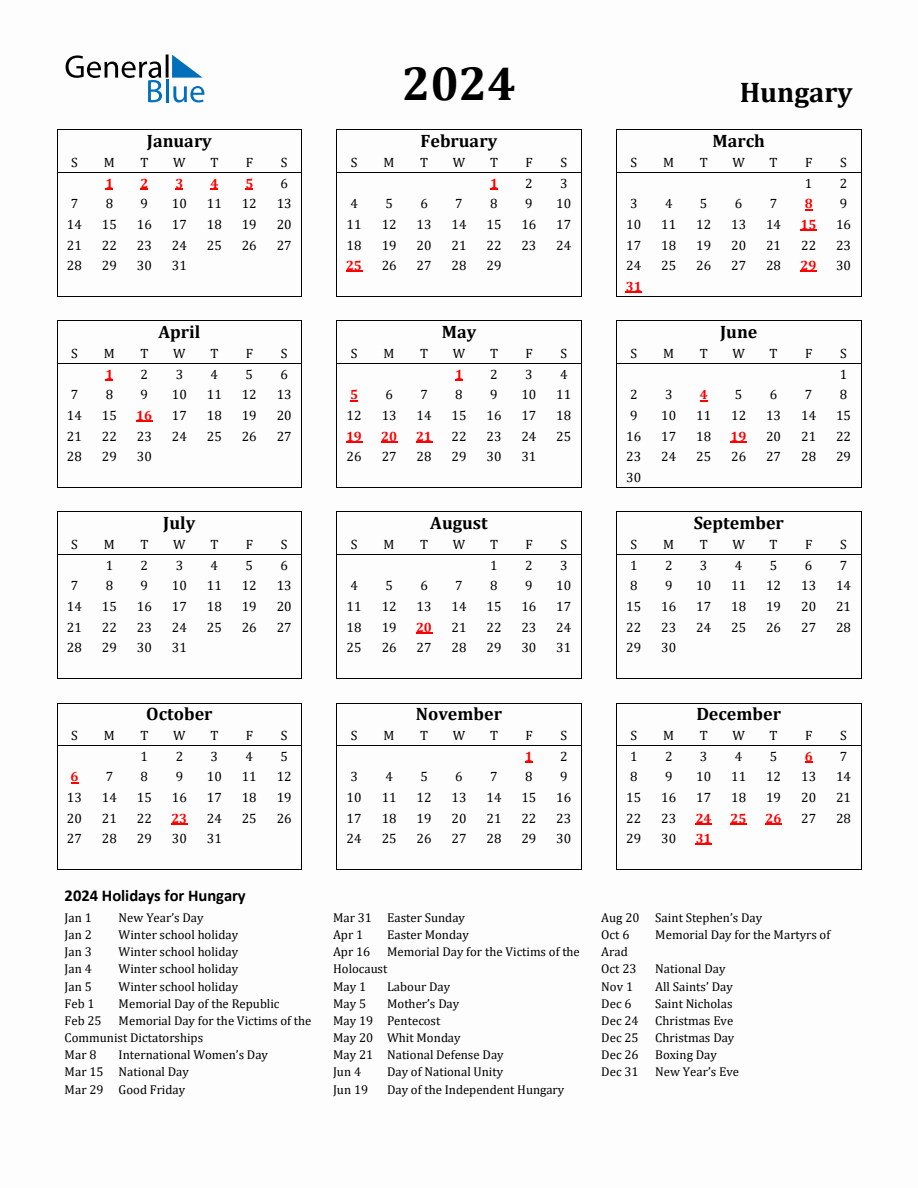 Free Printable 2024 Hungary Holiday Calendar