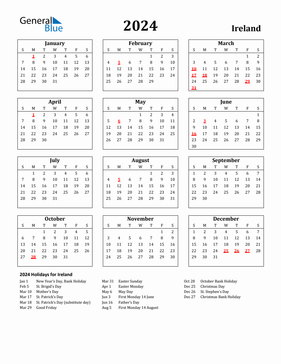 Free Printable 2024 Ireland Holiday Calendar