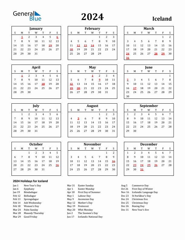 2024 Iceland Holiday Calendar - Sunday Start