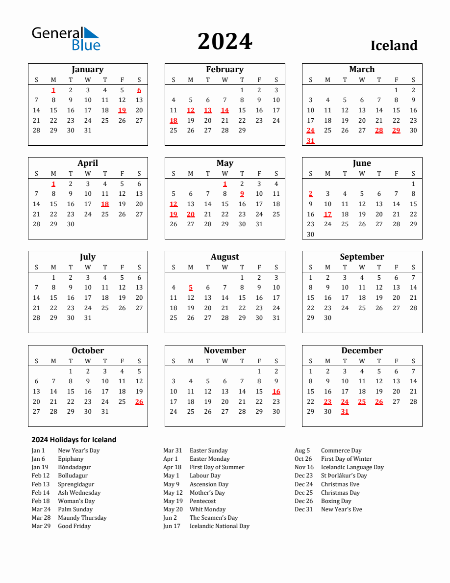 Free Printable 2024 Iceland Holiday Calendar
