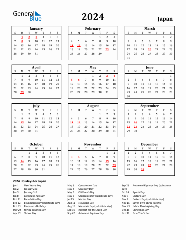 2024 Japan Holiday Calendar - Sunday Start