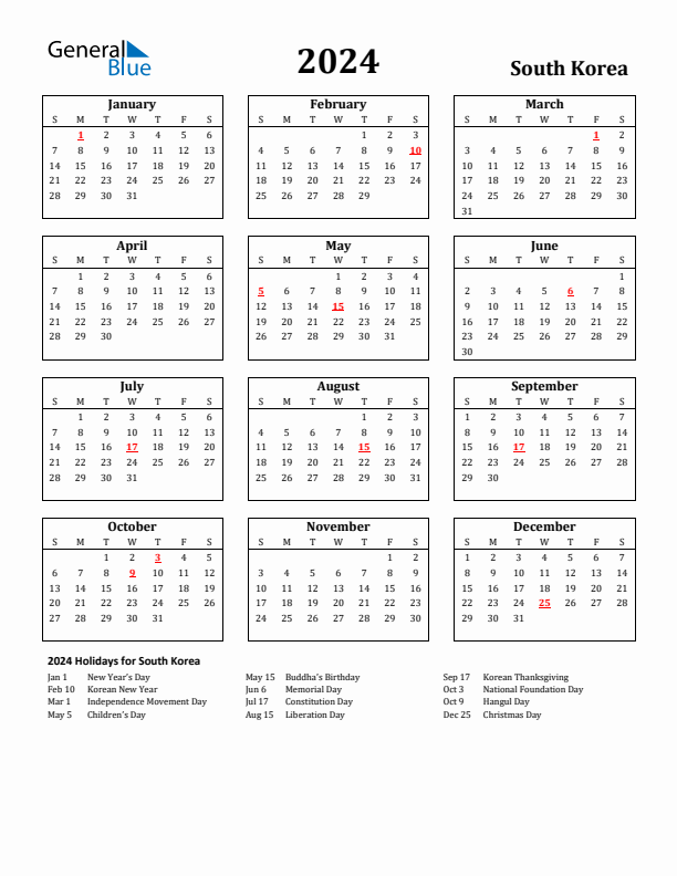 2024 South Korea Holiday Calendar - Sunday Start
