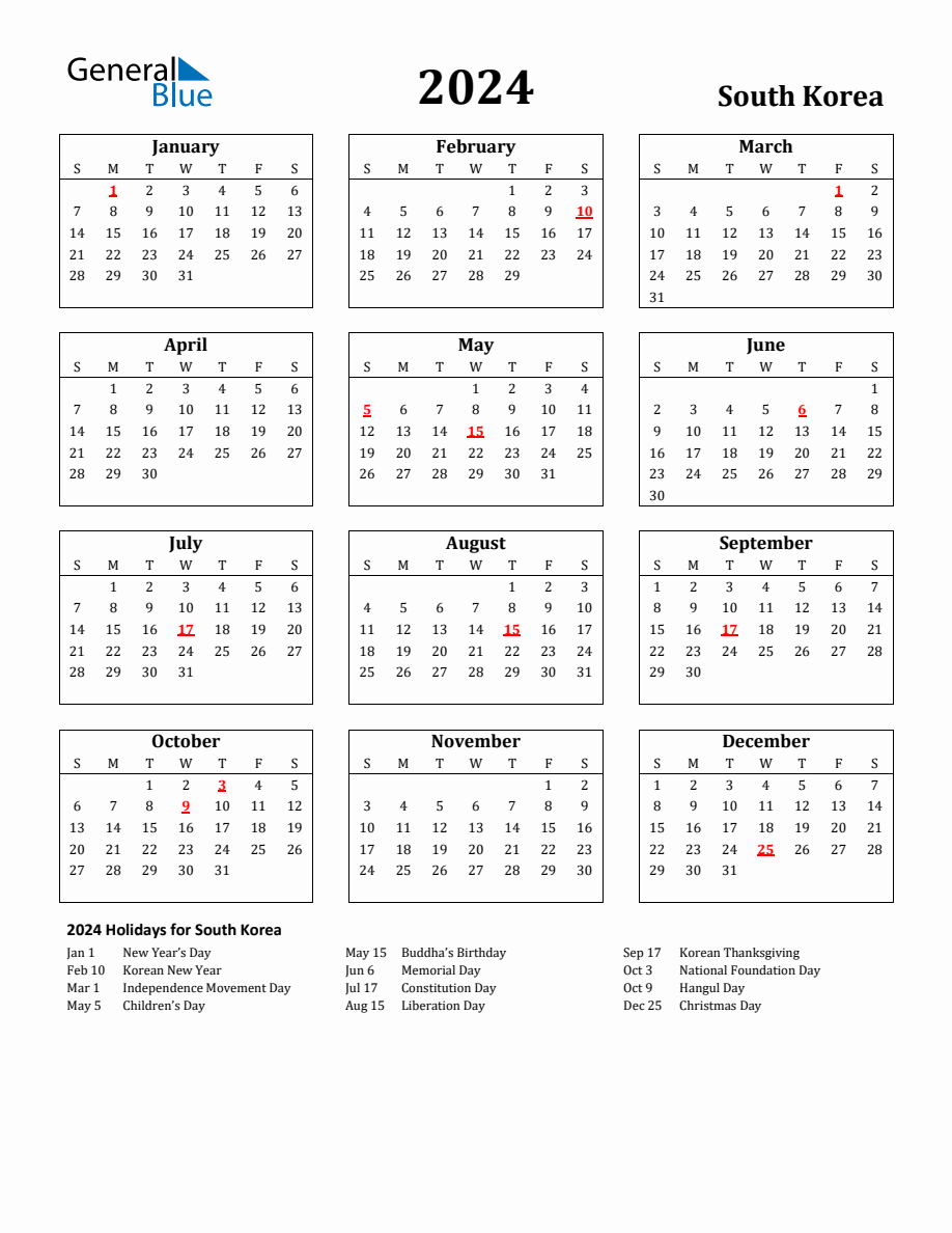 Free Printable 2025 South Korea Holiday Calendar