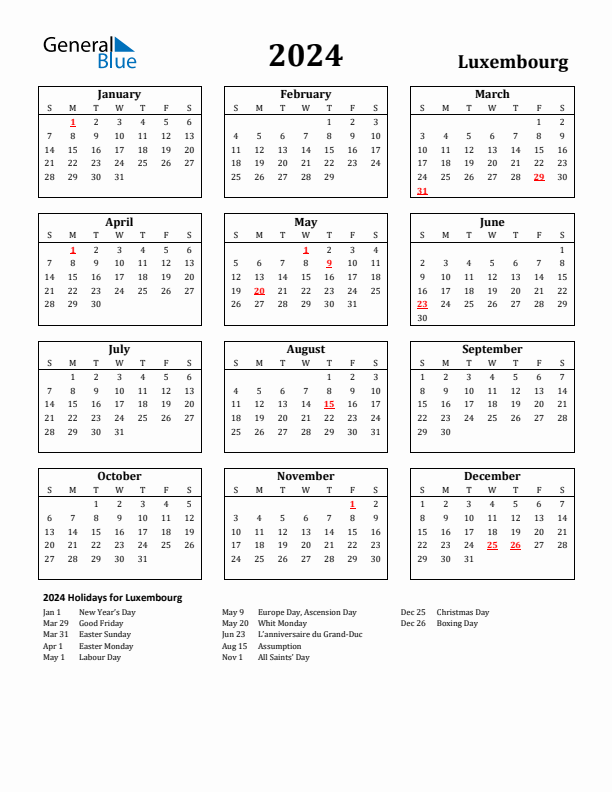 2024 Luxembourg Holiday Calendar - Sunday Start