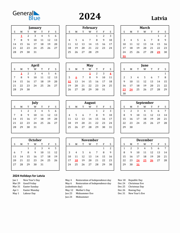 2024 Latvia Holiday Calendar - Sunday Start
