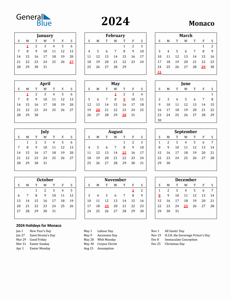 Free Printable 2024 Monaco Holiday Calendar