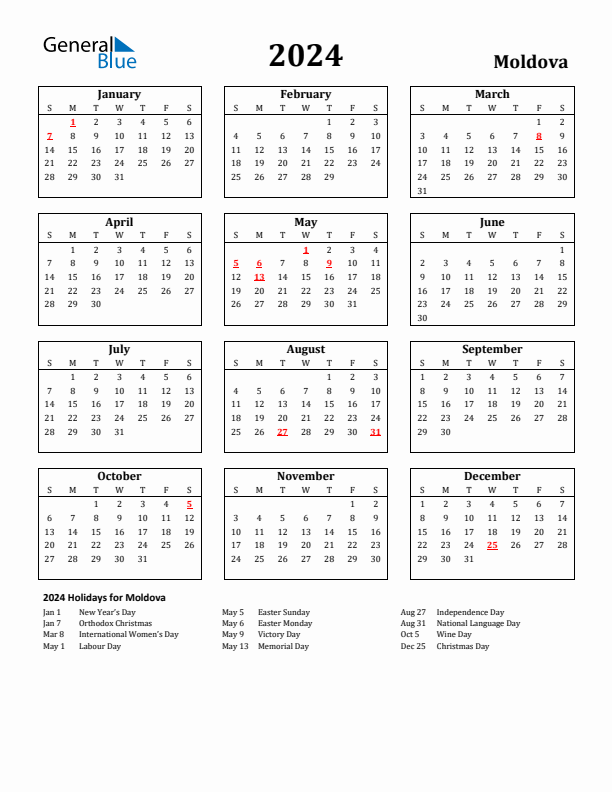 2024 Moldova Holiday Calendar - Sunday Start