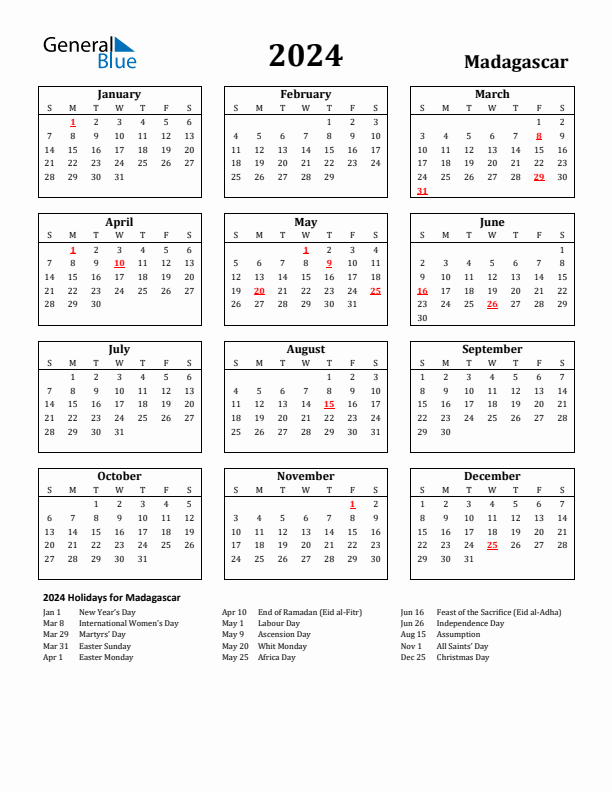 2024 Madagascar Holiday Calendar - Sunday Start