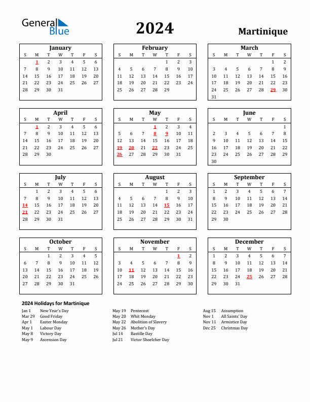 2024 Martinique Holiday Calendar - Sunday Start