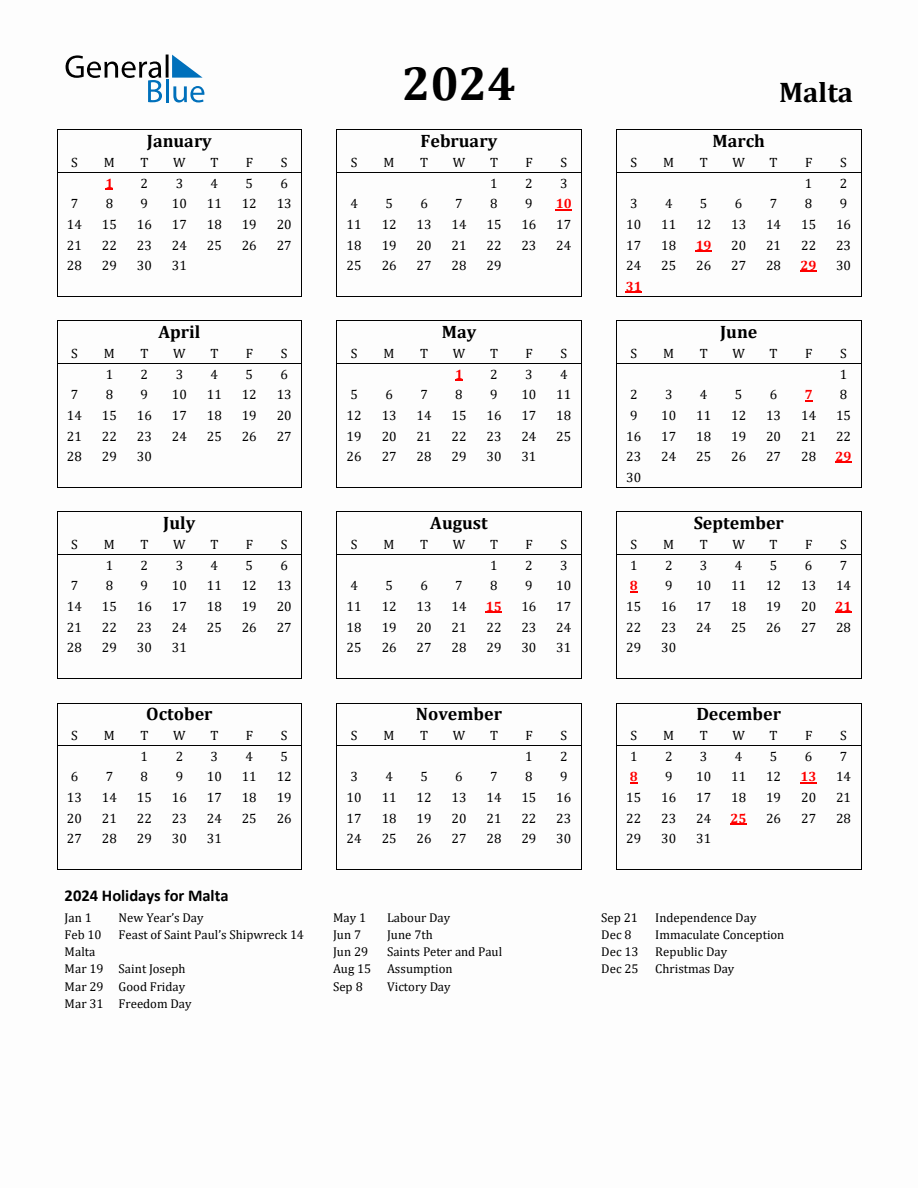 Free Printable 2024 Malta Holiday Calendar