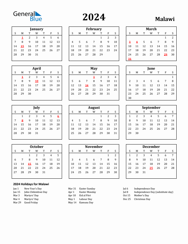 2024 Malawi Holiday Calendar - Sunday Start