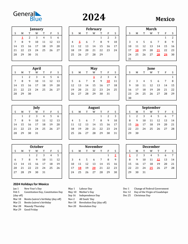 2024 Mexico Holiday Calendar - Sunday Start