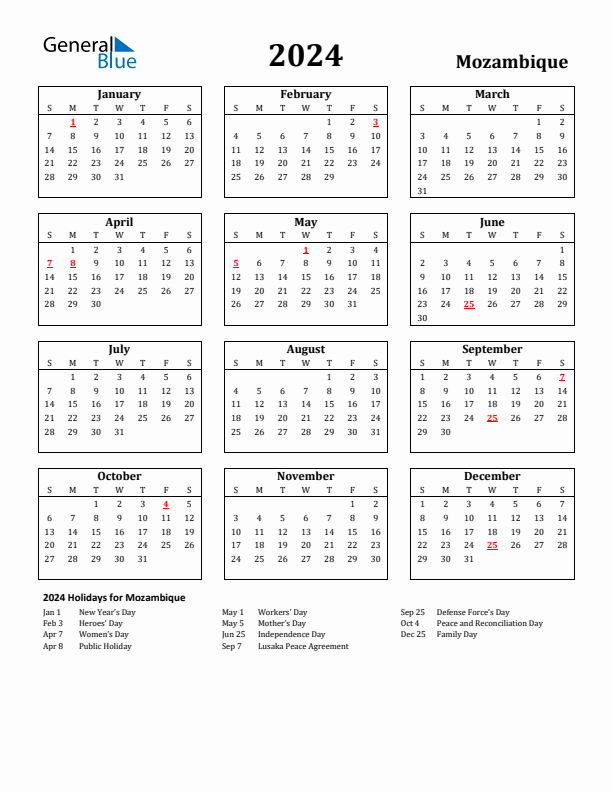 2024 Mozambique Holiday Calendar - Sunday Start