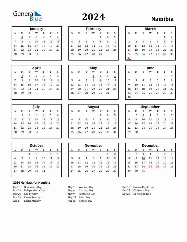 2024 Namibia Holiday Calendar - Sunday Start