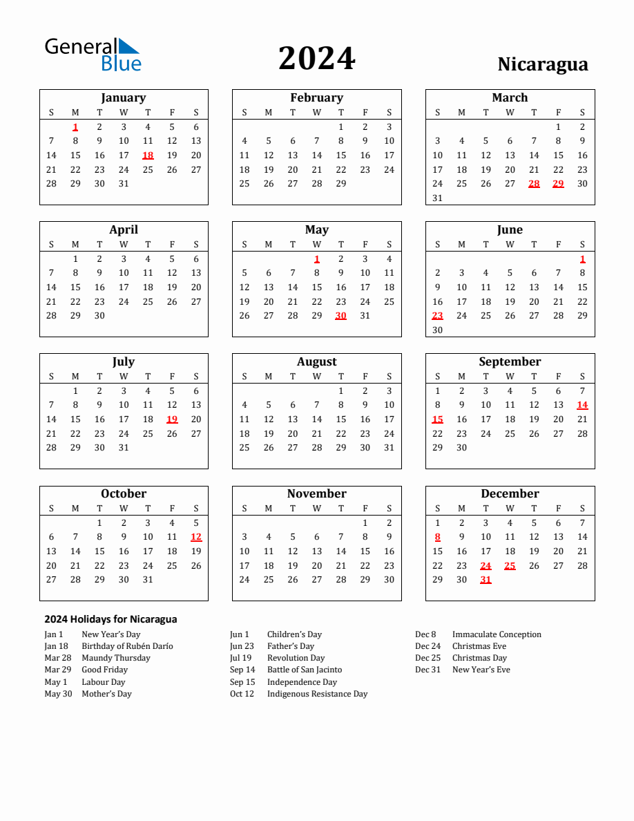 Free Printable 2024 Nicaragua Holiday Calendar