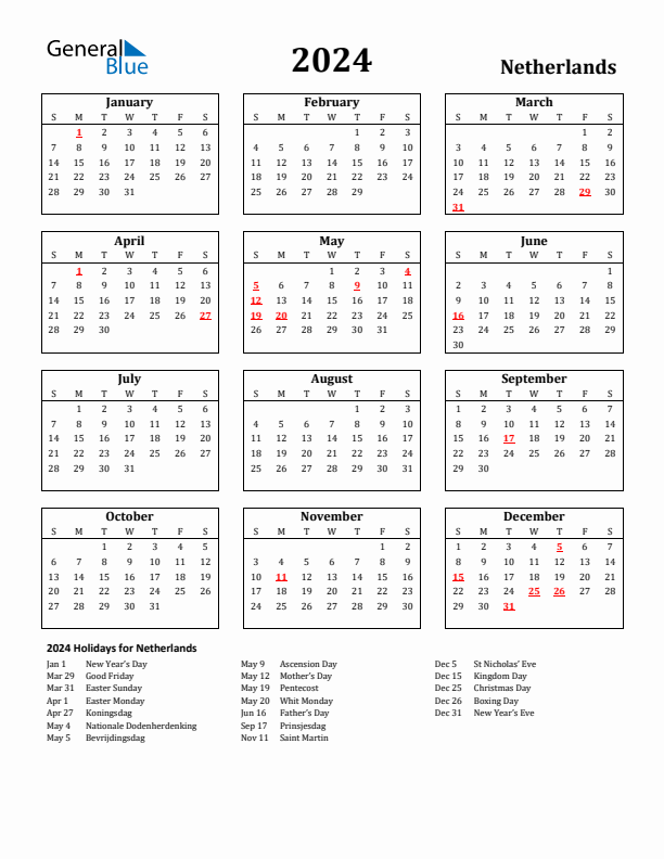 2024 Netherlands Holiday Calendar - Sunday Start