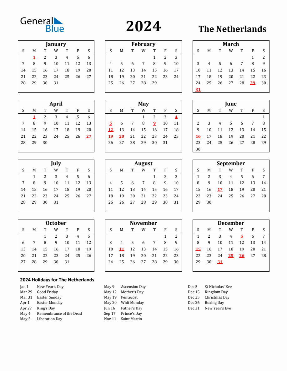 Free Printable 2024 The Netherlands Holiday Calendar