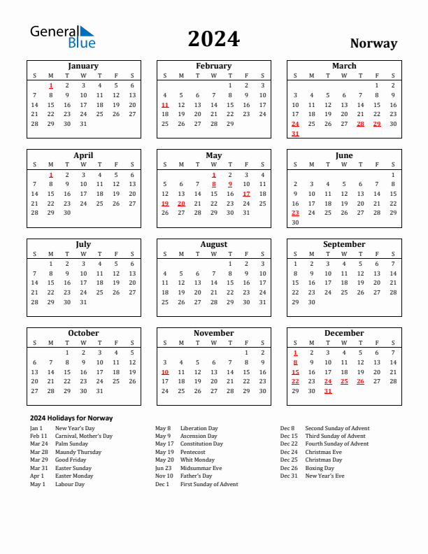 2024 Norway Holiday Calendar - Sunday Start