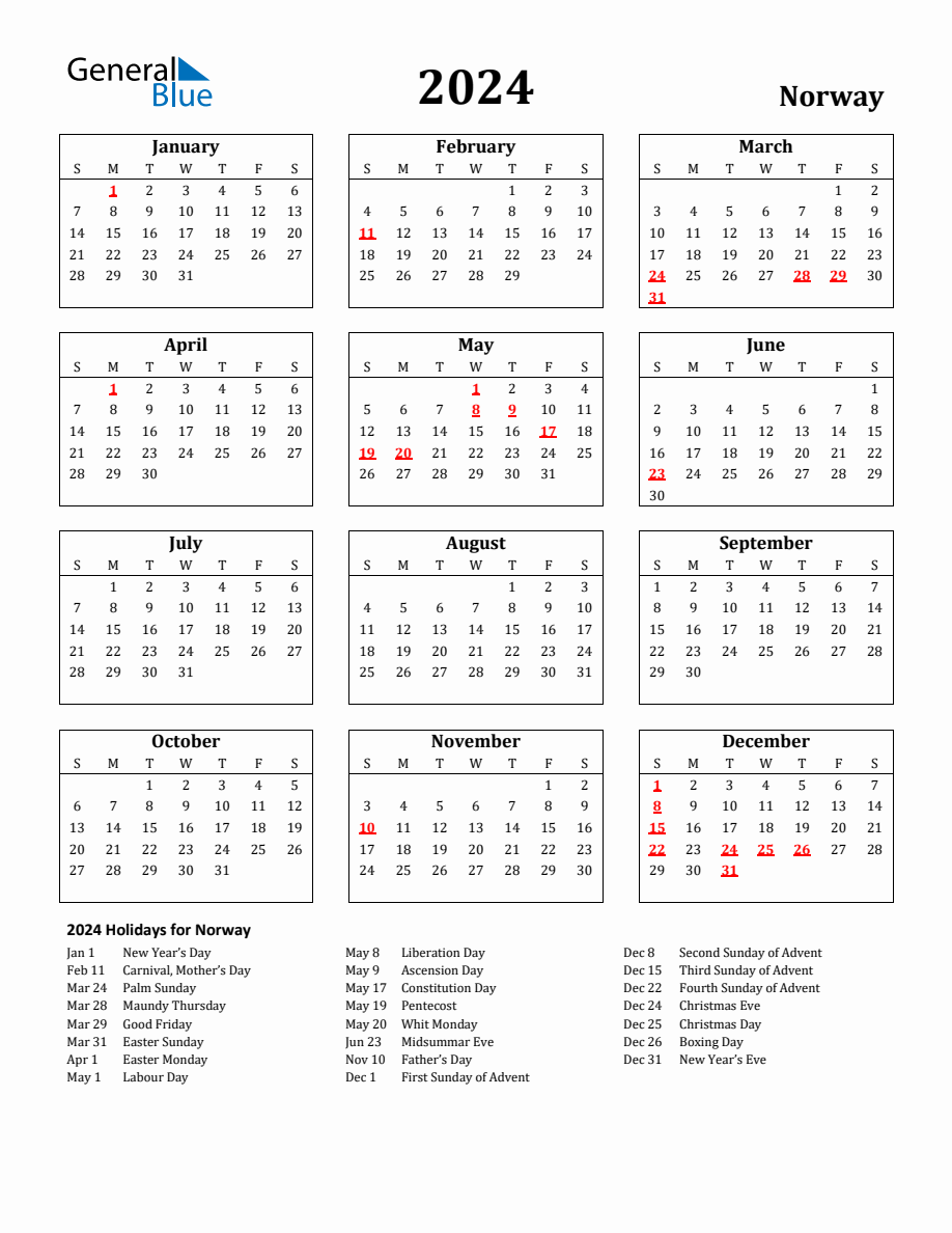 Free Printable 2024 Norway Holiday Calendar