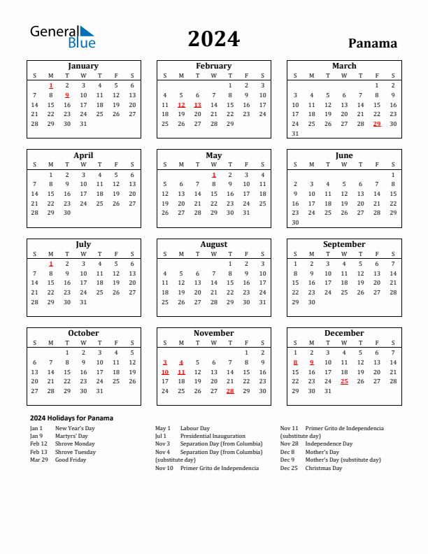 2024 Panama Holiday Calendar - Sunday Start