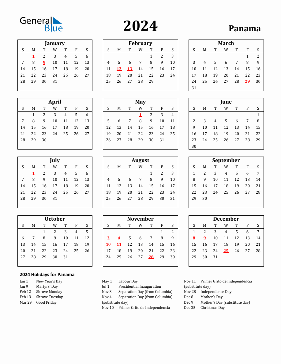 Free Printable 2024 Panama Holiday Calendar