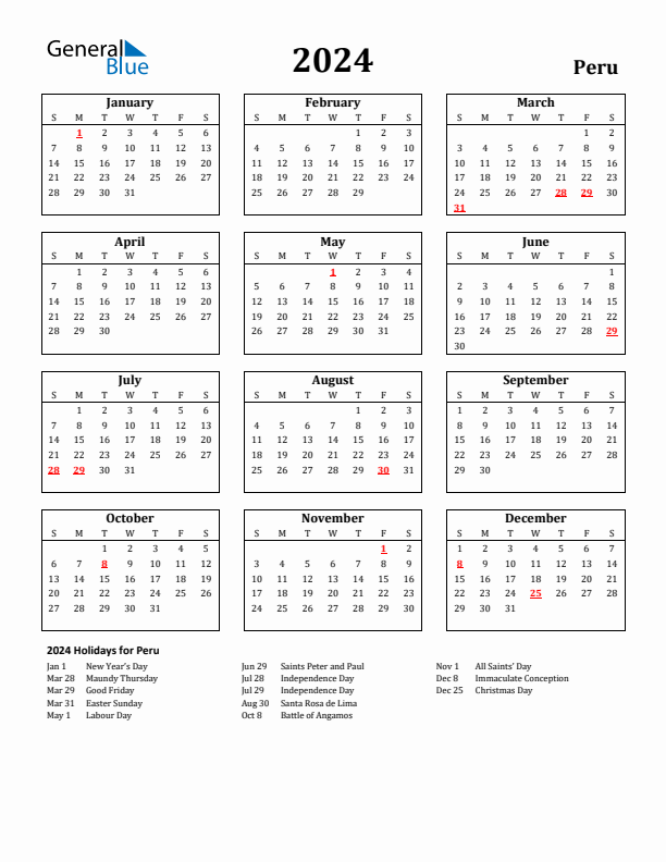 2024 Peru Holiday Calendar - Sunday Start
