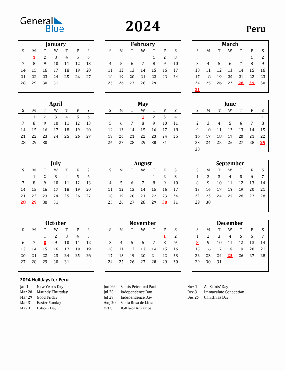 Free Printable 2024 Peru Holiday Calendar
