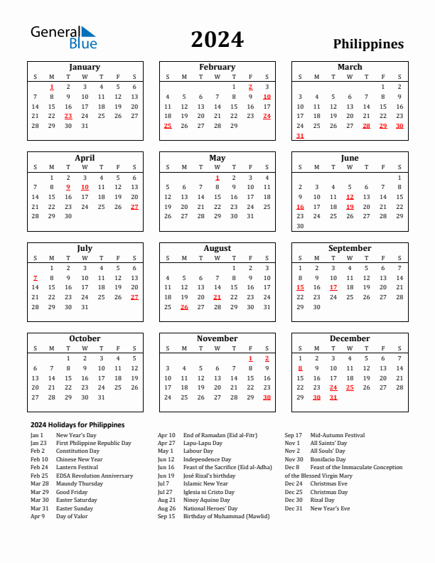 2024 Philippines Holiday Calendar - Sunday Start