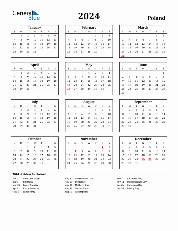 2024 Poland Holiday Calendar - Sunday Start