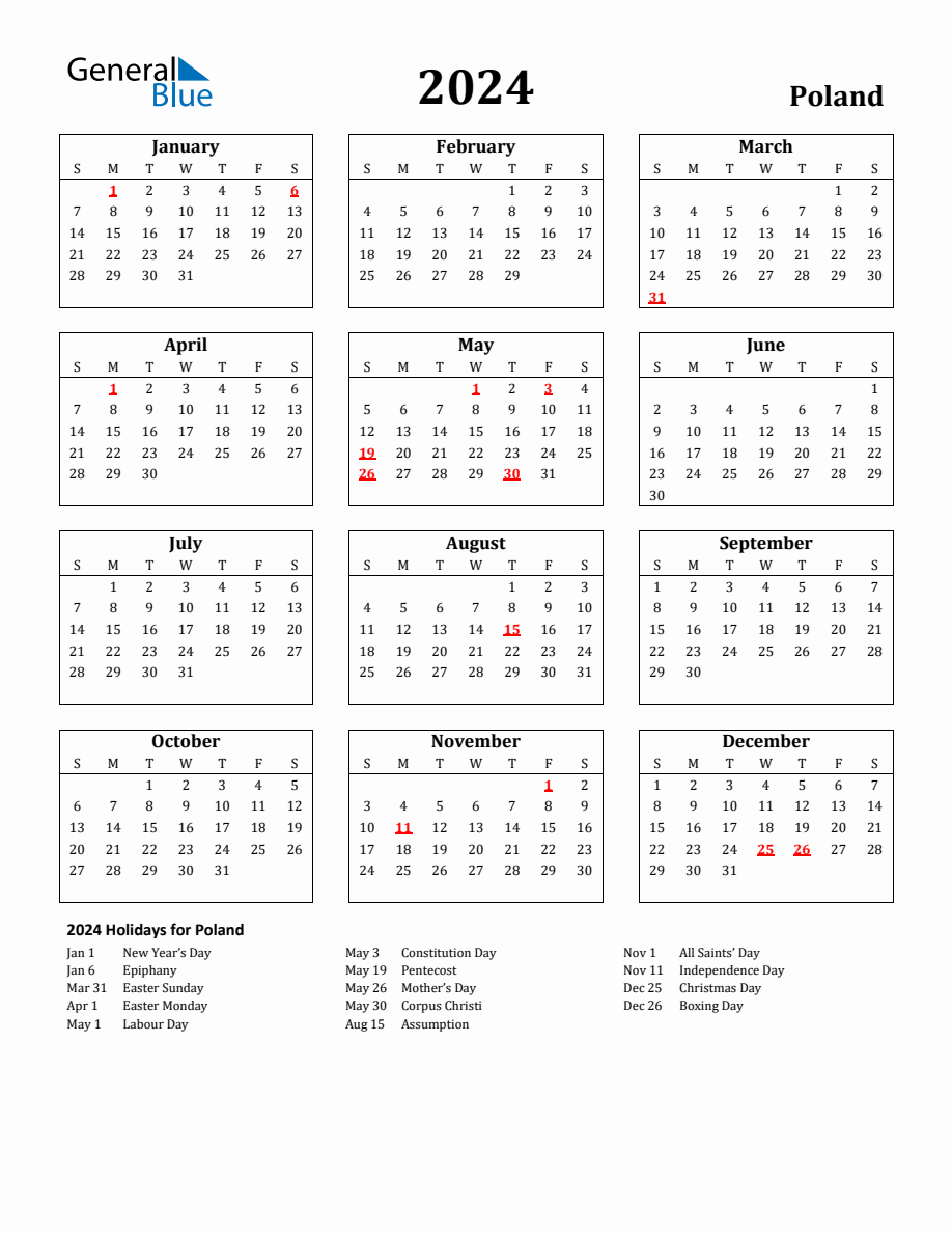 Free Printable 2024 Poland Holiday Calendar