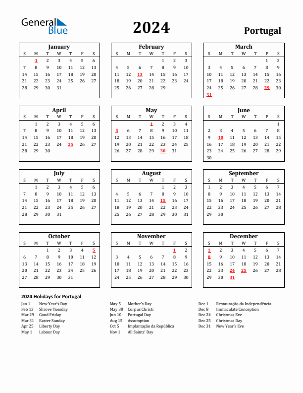 2024 Portugal Holiday Calendar - Sunday Start