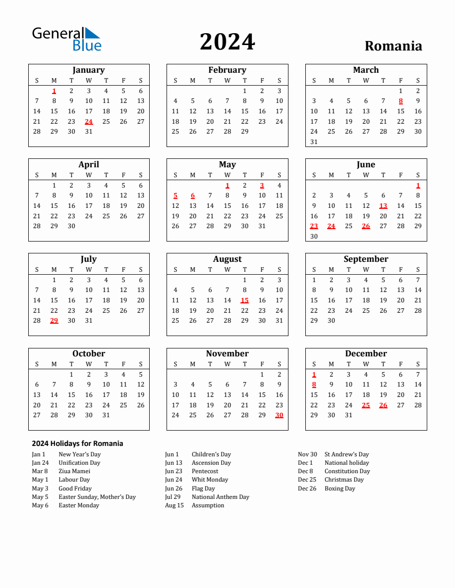 Free Printable 2024 Romania Holiday Calendar