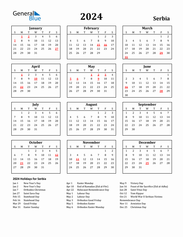 2024 Serbia Holiday Calendar - Sunday Start