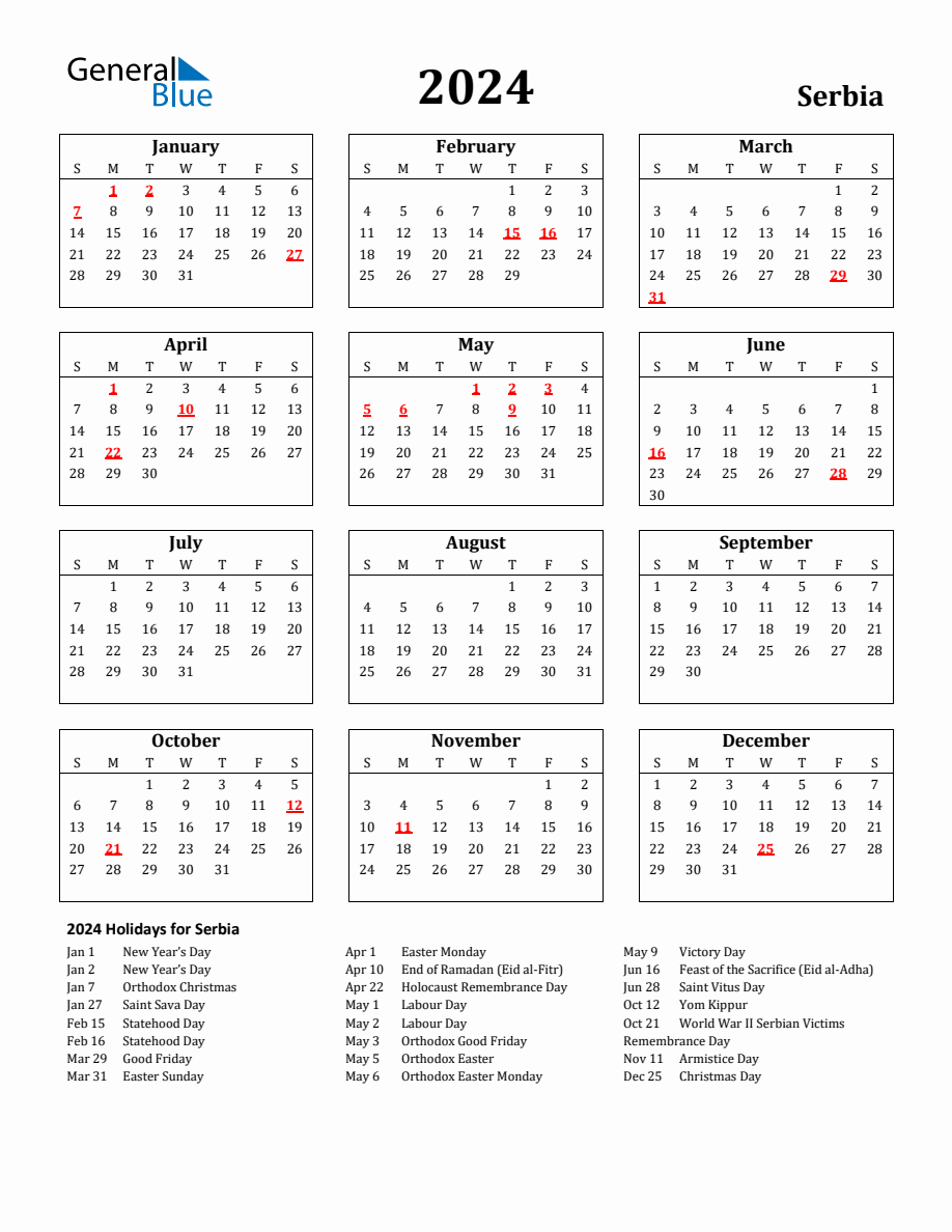 Free Printable 2024 Serbia Holiday Calendar