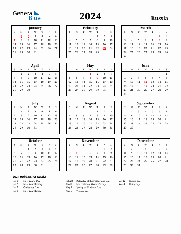 2024 Russia Holiday Calendar - Sunday Start