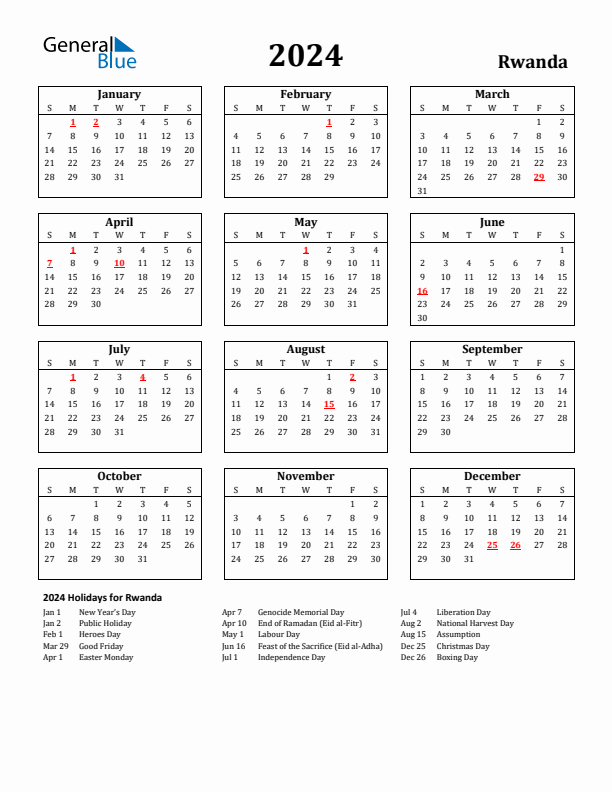 2024 Rwanda Holiday Calendar - Sunday Start